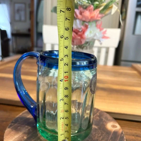 Hand-Blown Mexican Glass Mugs w/Cobalt Blue Rims & Applied Handles,set Of 2 - Picture 11 of 11